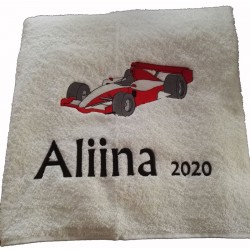 Formula-autoaiheinen brodeerattu pyyhe