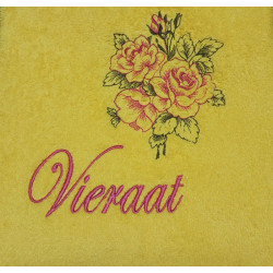 Brodeerattu pyyhe ruusukimppukuvalla ja haluamallasi tekstillä