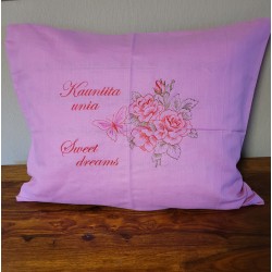 Roosa pellavatyynyliina Ruusukimppu/Perhonen