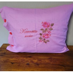 Roosa pellavatyynyliina  Ruusuköynnös napit