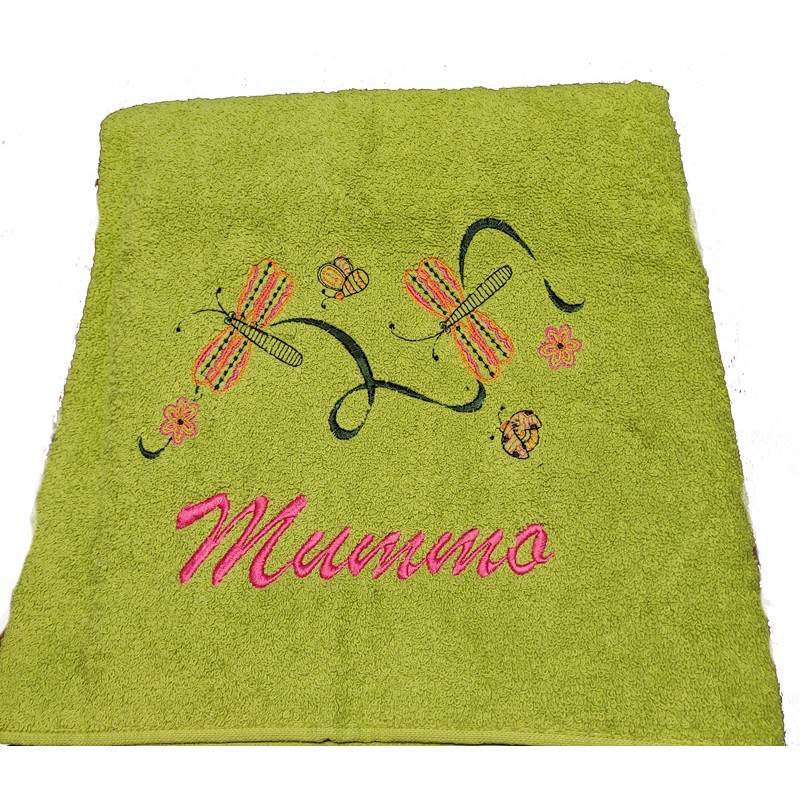 Vihreä  Finlayson pyyhe 70 x 150 cm Sudenkorennot/mummo